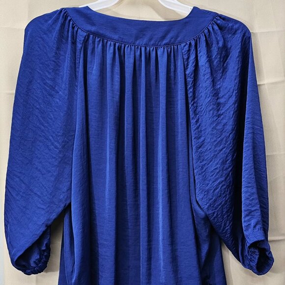 Vince Camuto Royal Blue Satin Blouse XL Women's 3/4 Balloon Sleeve V-Neck Tunic - Picture 3 of 8